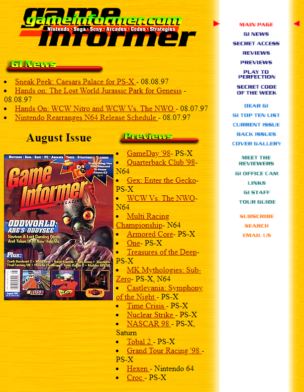 Уф… Хорошо, что нынешний логотип Game Informer выглядит как-то спокойнее. А вот в 1997-м это была прямо какая-то кислота, даже если сделать скидку на беспощадный веб-дизайн девяностых