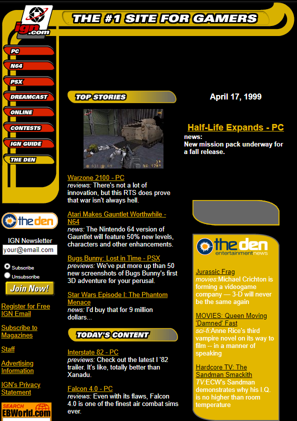 Главная IGN образца 1999-го. Хороший брендинг: и узнаётся, и не мешает навигации