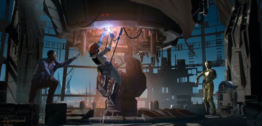 Роуз, Финн, C-3PO и R2 пытаются активировать маяк на Корусанте, чтобы передать послание Леи