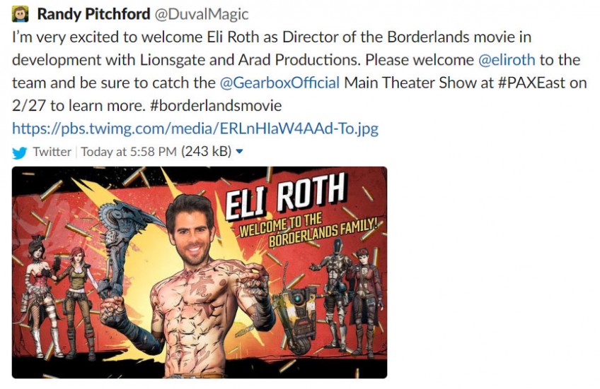 Я рад приветствовать Элая Рота в качестве режиссёра фильма Borderlands, который разрабатывается совместно с Lionsgate и Arad Productions. Пожалуйста, поприветствуйте Элая в команде и не пропустите панель Gearbox на PAXEast, чтобы узнать больше.