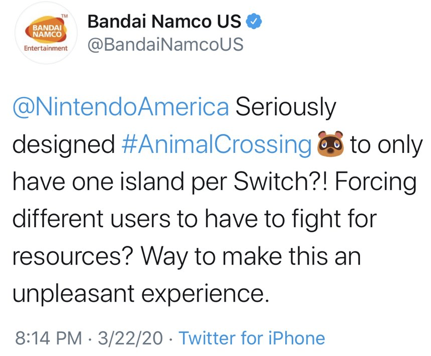 Nintendo America, вы серьёзно сделали так, что в Animal Crossing: New Horizons доступен лишь один остров на каждой консоли? Тем самым вынуждая игроков бороться за ресурсы? Это лучший способ испортить игру