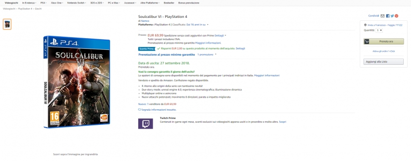 Страница SoulCalibur VI с датой выхода в магазине Amazon Italy